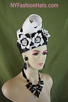 "Women's Black And White Sculptured Shaped Couture Designer Pillbox Wedding Bridal Hat Headpiece. This Formal Handmade Pillbox Hat Is Embellished With A Poly Straw Braid White Sculptured Shaped Bow Enhanced With Vintage Black And White Silk Millinery Flowers With White Stamen Centers. This Dramatic Statement Pillbox Hat Can Be Worn With The Bowing And Flowers Toward The Front Of The Face Or Back Of The Head. A Perfect Special Occasion Hat For The Holidays, Kentucky Derby, Horse Races, Church Tem Traditional Fitted Costume Hats And Headpieces, Elegant Black Ceremonial Costume Hats And Headpieces, Elegant Ceremonial Hat With Curved Brim, Elegant High Crown Headpiece For Ceremonial Events, Elegant High Crown Headpieces For Ceremonial Use, Elegant High Crown Headpieces For Ceremonial Occasions, Elegant Ceremonial Hat With Structured Crown, Elegant Ceremonial Hat With Short Brim, Elegant Adjustable Costume Hats And Headpieces For Ceremonies