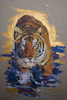 a painting of a tiger in the water with gold paint on it's face