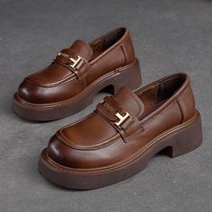 Women Retro Minimalist Leather Casual Loafers-RAIIFY Brown Loafers With Metal Feet And Round Toe, Fall Business Leather Platform Shoes, Brown Platform Slip-on Loafers, Brown Platform Loafers With Round Toe, Brown Flat Platform Loafers For Fall, Brown Brogue-detailed Slip-on Platform Loafers, Brown Brogue Platform Loafers Slip-on, Leather Oxfords With Metal Feet And Round Toe, Brown Slip-on Loafers With Metal Feet