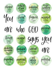 watercolor circles with the words you are who god says you are written on them