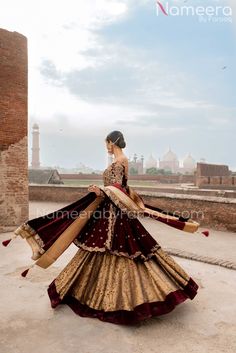 red velvet bridal dress Frock With Lehenga, Lehenga For Bridal, Red Velvet Lehenga, Velvet Frock, Golden Lehenga, Daytime Glam, Dabka Work, Velvet Dupatta, Luxury Embroidery