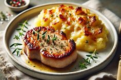 two pork chops with mashed potatoes and garnish on a white plate