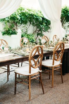 a long table with white chairs and greenery in the background