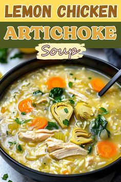 This lemon chicken artichoke soup is bright and flavorful, with the right balance of protein, veggies, and citrus zing! It's an easy, nourishing meal. Chicken And Artichoke Soup, Lemony Artichoke Soup, Chicken Artichoke Soup, Lemon Artichoke Chicken, Gf Soups, Easy Lemon Chicken, Chicken Artichoke, Bean And Bacon Soup, Protein Veggies