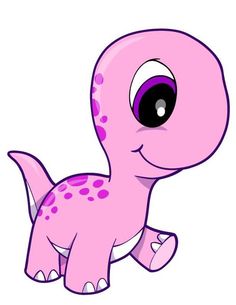 a pink dinosaur with purple spots on it's face and eyes, sitting down