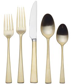 four forks, one knife and two spoons are shown in gold - plated metal