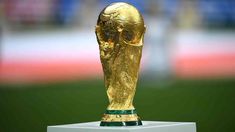 the golden soccer trophy is on display in front of a blurry stadium background,