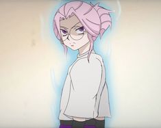 an anime character with pink hair and glasses standing in front of a white wall, looking at the camera