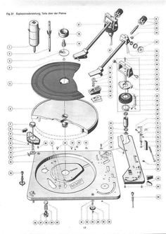 the parts for an old record player are shown in black and white, as well as diagrams