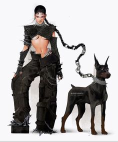 a drawing of a woman in black clothes next to a dog with chains on it