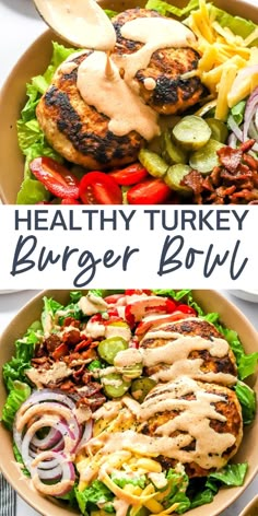 healthy turkey burger bowl with dressing on top