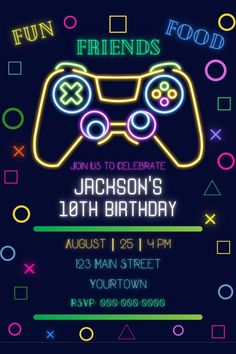 neon video game birthday party flyer