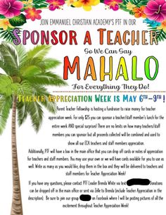 a flyer for an event with a palm tree and flowers on the front, which reads sponsor a teacher in our mahlo