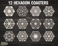 the 12 hexagon coasters are shown in white on a black wooden background