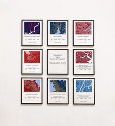 six framed maps are displayed on the wall in different colors and sizes, including red, white, blue, and black