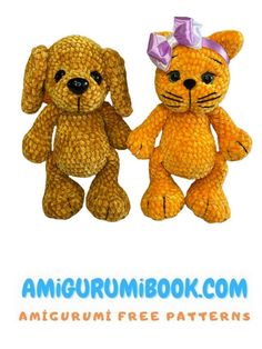 two stuffed animals sitting next to each other on top of a white background with the words amigurum book com