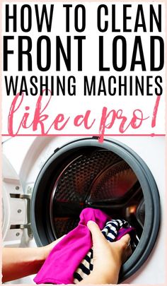 someone is cleaning the front load washing machine with a pink towel and black and white striped cloth