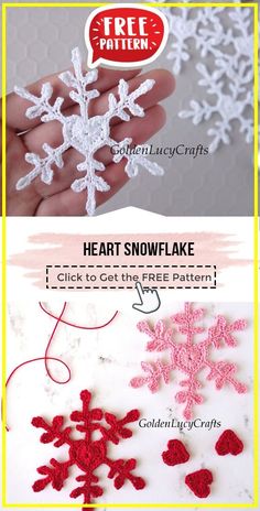 crocheted snowflakes are shown in three different colors and sizes, with the text