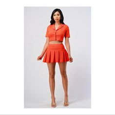 Orange Pleated Skirt Set Summer Pleated Mini Skirt For Night Out, Summer Mini Pleated Skirt For Night Out, Fitted Pleated Skort For Day Out, Summer Pleated Tennis Skirt For Night Out, Summer Night Out Pleated Tennis Skirt, Summer Tiered Pleated Skirt For Night Out, Orange Pleated Skirt, Pleated Skirt Set, Mini Skirt Set