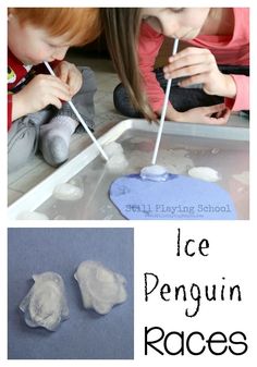 two children playing with ice penguin races