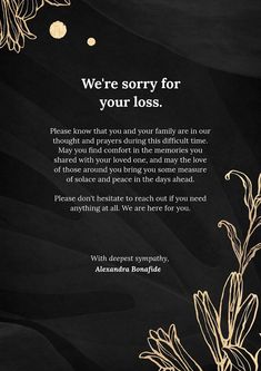 We're sorry for your loss poster template, editable text and design | premium image by rawpixel.com / Sasi Deepest Sympathy, Sorry For Your Loss, Gold Invitations, Aesthetic Things, Gold Floral, Poster Template, Design Resources, Template Design