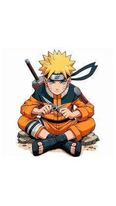 naruto sitting on the ground with two swords in his hands and one eye open