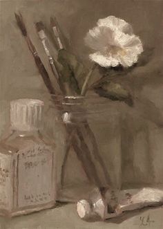 a painting of flowers in a glass jar with paintbrushes and an empty bottle