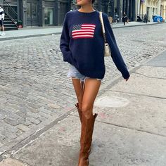 Charleston Vibes, Flag Sweater, American Flag Sweater, Aesthetic Print, Sweatshirt Aesthetic, Y2k Long Sleeve, Vintage Flag, Navy Outfit, Vintage American Flag