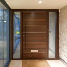 a modern entry door with glass panels and wood paneling on the side walk way