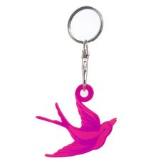 a pink bird keychain hanging from a metal hook