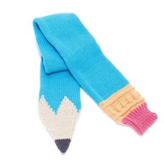 a pair of blue and pink knitted gloves with pencils on the end, against a white background