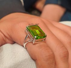 Peridot Ring, Sterling Silver Ring, Emerald Cut Ring, Statement Peridot Jewelry, Handmade Ring, Prong Set Ring, Ring For Women, Gift For Mom Benefits of Peridot  Stone := 1.  Wearing a peridot can bring prosperity and happiness as it boosts creative powers and resulting satisfaction gained from work. 2. Individual wearing peridot gemstone can gain tremendously by way psychological healing. It is a precious gemstone for emotional strength and letting go of the past. 3. Natural peridot can be a gr Green Crystal Ring Gift Hallmarked, Formal Lime Green Ring, Emerald Cut Ring, Ring Emerald Cut, Peridot Jewelry, Emerald Cut Rings, Peridot Stone, Ring Emerald, Set Ring