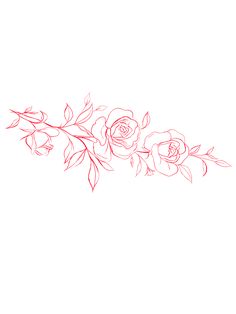 a line drawing of three roses on a white background with red leaves and stems in the center