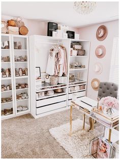 an organized closet is shown with shoes and other items on shelves, including a chair