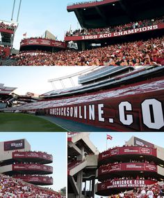 several pictures of the inside of a stadium with people sitting in seats and standing around