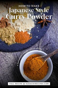 A mixture of 18 spices and herbs on a black slate effect plate with curry powder in a white bowl scooped with a brown ceramic spoon Japanese Curry Powder Recipe, Spice List, Homemade Japanese Curry, Curry Spice Blend, Curry Spice, List Of Spices, Asian Spices, Japanese Curry, Curry Spices