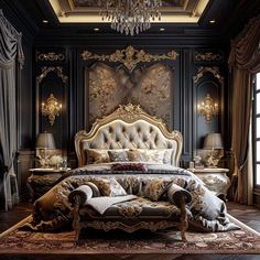 an ornate bedroom with black walls and gold accents