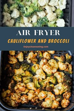 an air fryer with cauliflower and broccoli in it is shown