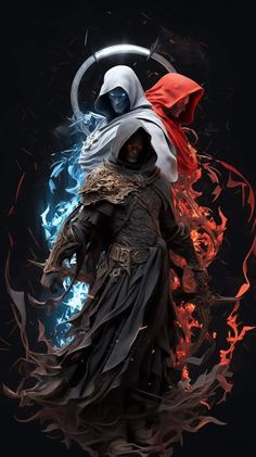 a painting of a person with flames in the air and an evil demon on his back