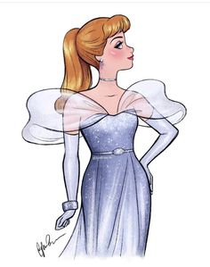 a drawing of a woman in a blue dress with wings on her head and arms behind her back