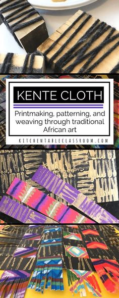 an advertisement for kente cloth on a table with plates and napkins in the background