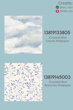 some blue and white wallpapers with clouds in the sky behind them, on a light blue background