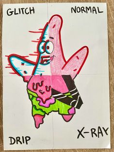 a piece of paper that has been drawn on with colored crayons and the words glitch normal, drip x - ray