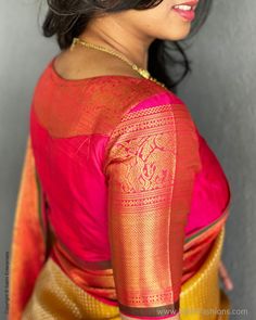 Designer handwoven Kanjeevaram silk blouse featuring grand zari handwoven detailing in gold tone with zari border. Kanchi Blouse Fabric 0.80Mtr Colour: Pink, Gold Material: Pure Kanchi Silk Craft: Woven Wonder Note: If you wish we can even custom stitch the blouse and send you as finished product, service is a chargeab Pink Border Blouse Design, Zari Blouse Back Neck Designs, Border Hands Blouse Designs, Zari Blouse Designs Latest, Pink Silk Blouse Designs, Blouse With Border Designs, Long Border Blouse Designs, Elegant Silk Saree Blouse, Patch Blouse Designs Patterns