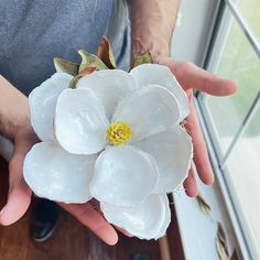 a person holding a white flower in their hands