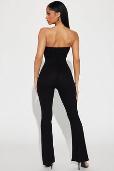 Available In Black. Ribbed Jumpsuit Strapless Flare Leg Stretch 93% Rayon 7% Spandex Imported | Christy Ribbed Jumpsuit in Black size Large by Fashion Nova Stretch Strapless Elastane Jumpsuit For Night Out, Stretch Elastane Strapless Jumpsuit For Night Out, Night Out Fitted Strapless Elastane Jumpsuit, Fitted Black Ribbed Jumpsuit, Fitted Strapless Elastane Jumpsuit For Night Out, Black Stretch Ribbed Jumpsuits And Rompers, Stretch Strapless Jumpsuit In Solid Color, Black Strapless Fitted Jumpsuit, Black Fitted Strapless Jumpsuit