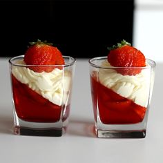 two small glasses filled with ice cream and strawberries on top of each other in front of an instagram page