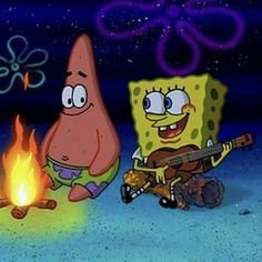 spongebob and his friend playing guitar by the campfire