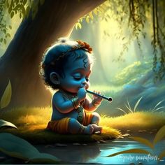 a painting of a baby sitting on the ground with a flute in his mouth and eyes closed