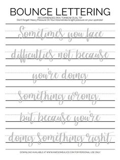 the writing practice sheet for bouncer lettering with cursive font and handwritten letters